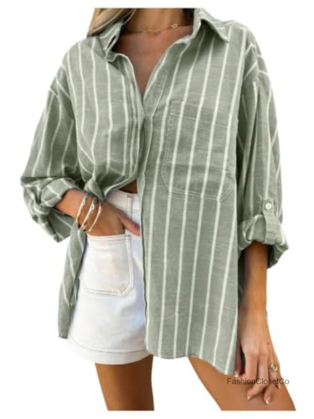 Women's Striped Button Down Shirt Long Sleeve Collared Blouse